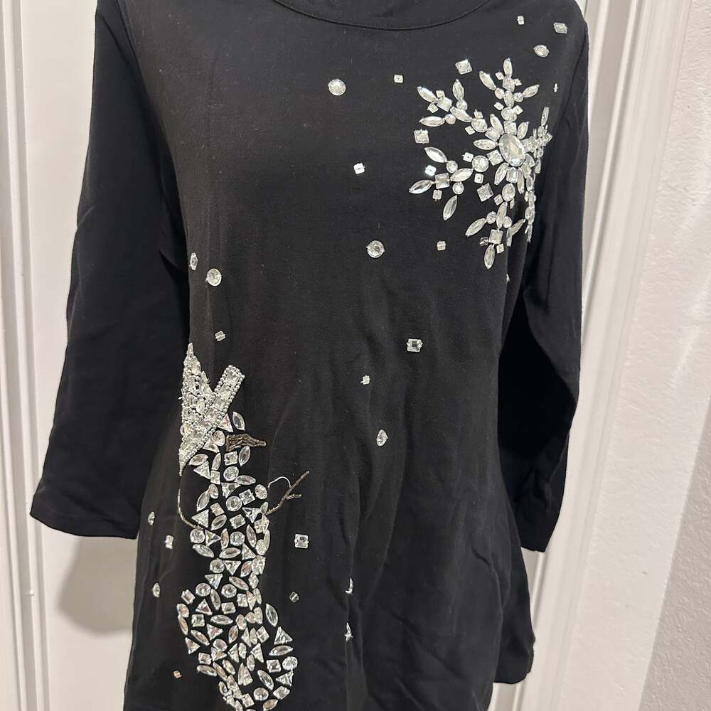 Quacker Factory Black Beaded Snowflake Holiday Pullover Sweater